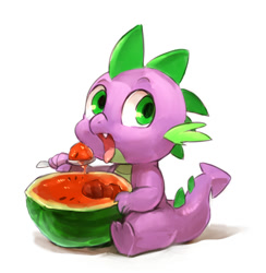 Size: 737x755 | Tagged: safe, artist:audrarius, spike, dragon, baby, baby dragon, baby spike, cute, eating, food, male, open mouth, simple background, sitting, solo, spikabetes, spoon, tongue out, watermelon, white background