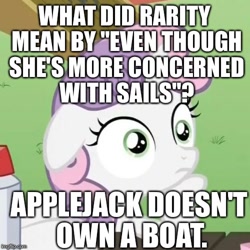 Size: 500x500 | Tagged: safe, rarity, sweetie belle, pony, unicorn, art of the dress, exploitable meme, female, filly, horn, image macro, meme, obligatory pony, slowpoke, solo, song reference, sudden clarity sweetie belle, sweetiedumb, text, two toned mane, white coat, wide eyes