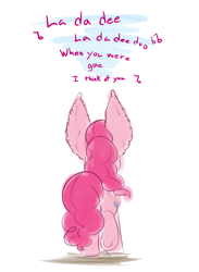 Size: 1100x1500 | Tagged: safe, artist:heir-of-rick, pinkie pie, earth pony, pony, cody simpson, cute, ear fluff, female, impossibly large ears, la da dee, la da dee (song), mare, music notes, plot, raised leg, simple background, singing, solo, song reference, underhoof, white background