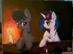 Size: 1005x749 | Tagged: safe, artist:novich, dj pon-3, octavia melody, vinyl scratch, earth pony, pony, candle, canvas, female, lesbian, scratchtavia, shipping, traditional art