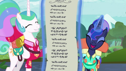 Size: 1920x1080 | Tagged: safe, screencap, princess celestia, princess luna, alicorn, pony, between dark and dawn, cute, cutelestia, duo, list, lunabetes, magic, royal sisters, telekinesis, written equestrian