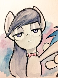 Size: 768x1024 | Tagged: safe, artist:ahiru_7, dj pon-3, octavia melody, vinyl scratch, earth pony, pony, :i, bowtie, lidded eyes, looking at you, solo focus, traditional art, unamused, watercolor painting