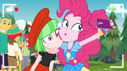 Size: 1920x1080 | Tagged: safe, screencap, alizarin bubblegum, crimson napalm, drama letter, flash sentry, guy grove, hunter hedge, photo finish, pinkie pie, snails, watermelody, better together, equestria girls, five lines you need to stand in, background human, beret, cellphone, cute, diapinkes, female, geode of sugar bombs, hat, magical geodes, male, outdoors, panama hat, phone, recording, selfie, selfie drone, smartphone, squishy cheeks, video camera