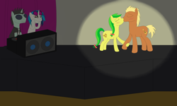 Size: 1024x614 | Tagged: safe, artist:allonsbro, apple fritter, dj pon-3, meadow song, neon lights, rising star, vinyl scratch, pony, unicorn, apple family member, fanfic, female, kissing, male, meadowfritter, shipping, straight, vinylights