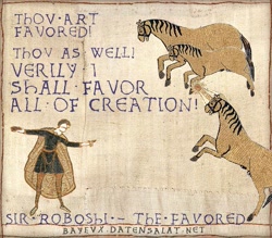 Size: 685x600 | Tagged: safe, earth pony, human, pony, unicorn, bayeux tapestry, bayeux tapestry meme, medieval, meta, roboshi (user), ye olde butcherede englishe, ytmnd