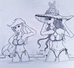 Size: 1080x991 | Tagged: safe, artist:zalla661, applejack, octavia melody, bat, human, appletavia, armpits, beach, belly button, bikini, clothes, female, hat, humanized, lesbian, midriff, monochrome, shipping, swimsuit, traditional art, water