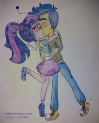 Size: 805x993 | Tagged: safe, artist:ro994, flash sentry, sci-twi, twilight sparkle, equestria girls, equestria girls series, clothes, converse, eyes closed, female, flashlight, glasses, heart, hoodie, kissing, legs, male, pants, ponytail, sciflash, shipping, shoes, skirt, sneakers, socks, straight, traditional art