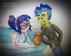 Size: 1002x797 | Tagged: safe, artist:ro994, flash sentry, sci-twi, twilight sparkle, better together, equestria girls, bag, clothes, female, flashlight, glasses, hand in pocket, hoodie, male, obtrusive watermark, sciflash, shipping, smiling, straight, traditional art, watermark