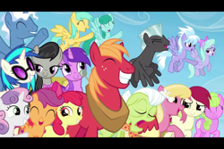 Size: 960x640 | Tagged: safe, screencap, amethyst star, apple bloom, big macintosh, cloudchaser, daisy, dj pon-3, flitter, flower wishes, granny smith, lily, lily valley, octavia melody, pokey pierce, roseluck, scootaloo, sparkler, spring melody, sprinkle medley, sunshower raindrops, sweetie belle, thunderlane, vinyl scratch, earth pony, pony, the cutie re-mark, cutie mark crusaders, male, stallion