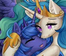 Size: 761x648 | Tagged: safe, artist:margony, princess celestia, princess luna, alicorn, pony, friendship is magic, crown, cute, ear fluff, eyes closed, female, hug, jewelry, mare, regalia, royal sisters, s1 luna, siblings, sisters, wip