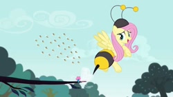 Size: 1280x720 | Tagged: safe, screencap, fluttershy, bee, pegasus, pony, it ain't easy being breezies, animal costume, bee costume, clothes, costume, sky, tree