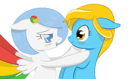 Size: 1504x926 | Tagged: safe, artist:xeirox, oc, oc only, oc:google chrome, oc:internet explorer, earth pony, pegasus, pony, blushing, browser ponies, female, google chrome, interchrome, internet browser, internet explorer, korefox needs to photoshop better, lesbian, lesbian pony internet browsers, looking at each other, mare, meta, oc x oc, shipping