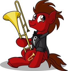 Size: 873x916 | Tagged: dead source, safe, artist:veggie55, oc, oc only, oc:slide fortissimo, pegasus, pony, clothes, simple background, solo, trombone, tuxedo, white background