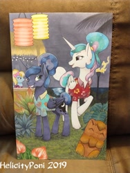 Size: 3024x4032 | Tagged: source needed, safe, artist:helicityponi, princess celestia, princess luna, turf, alicorn, pony, between dark and dawn, alternate hairstyle, bow, clothes, female, hair bow, hawaiian shirt, lantern, mare, marker drawing, shirt, siblings, sisters, tiki, traditional art, tropical