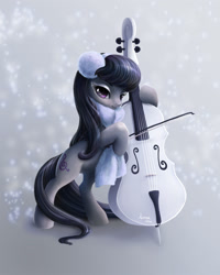 Size: 1200x1500 | Tagged: safe, artist:paintedhoofprints, octavia melody, earth pony, pony, cello, clothes, earmuffs, musical instrument, scarf, snow, snowfall, solo, winter