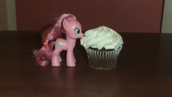 Size: 4288x2416 | Tagged: safe, pinkie pie, cupcake, desk, door, food, frosting, irl, photo, solo, toy