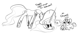 Size: 1575x680 | Tagged: safe, artist:lockheart, princess celestia, twilight sparkle, unicorn twilight, alicorn, pony, unicorn, alternate cutie mark, black and white, clothes, costume, cute, female, ghost costume, grayscale, halloween, halloween costume, hat, holiday, hoof shoes, horn, intentional spelling error, lineart, long horn, mare, misspelling, monochrome, necc, pumpkin bucket, twiabetes, twiggie, witch hat