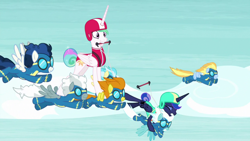 Size: 1920x1080 | Tagged: safe, screencap, blaze, fleetfoot, high winds, lightning streak, misty fly, princess celestia, princess luna, silver lining, silver zoom, alicorn, pegasus, pony, between dark and dawn, female, male, mare, ponies riding ponies, riding, stallion, wonderbolts