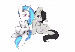 Size: 2956x2068 | Tagged: safe, artist:tilly-towell, dj pon-3, octavia melody, vinyl scratch, earth pony, pony, unicorn, alternate hairstyle, blushing, bowtie, chest fluff, ear piercing, earring, female, hair over one eye, haircut, lesbian, mare, piercing, scratchtavia, shipping, simple background, tattoo, undercut, white background