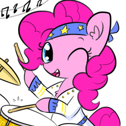 Size: 3000x3000 | Tagged: safe, artist:tjpones, pinkie pie, earth pony, pony, 30 minute art challenge, chest fluff, clothes, costume, cute, diapinkes, drums, drumsticks, ear fluff, female, high res, hoof hold, looking at you, mare, music notes, one eye closed, open mouth, simple background, smiling, solo, white background, wink