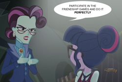Size: 1072x717 | Tagged: safe, derpibooru import, edit, edited screencap, screencap, principal abacus cinch, sci-twi, twilight sparkle, equestria girls, friendship games, courage the cowardly dog, dialogue, discovery family logo, reference