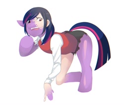 Size: 968x825 | Tagged: safe, artist:menma911, artist:okubobambooshoots, derpibooru import, twilight sparkle, clothes, female, human to pony, simple background, solo, sweat, torn clothes, transformation, white background