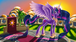 Size: 2560x1440 | Tagged: safe, artist:rockmedved, derpibooru import, twilight sparkle, twilight sparkle (alicorn), alicorn, pony, balcony, older, solo, spread wings, sunrise