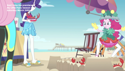 Size: 2208x1242 | Tagged: safe, screencap, fluttershy, pinkie pie, rarity, crab, better together, equestria girls, too hot to handle, clothes, costume, feet, pinkie being pinkie, sandals, sandcastle, silly human, swimsuit, wetsuit