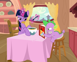 Size: 3782x3007 | Tagged: safe, artist:multiversecafe, derpibooru import, spike, twilight sparkle, dragon, book, bowl, chair, curtain, curtains, duo, fanfic, fanfic art, fork, levitation, magic, reading, sitting, stool, table, table cloth, tablecloth, telekinesis, window