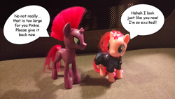 Size: 1024x576 | Tagged: safe, artist:chili19, pinkie pie, tempest shadow, earth pony, pony, unicorn, my little pony: the movie, armor, broken horn, clothes swap, eye scar, horn, irl, photo, scar, toy