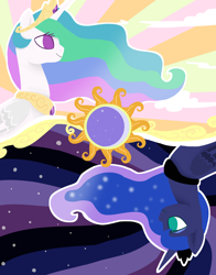 Size: 1800x2300 | Tagged: safe, artist:jagga-chan, princess celestia, princess luna, alicorn, pony, moon, night, sun