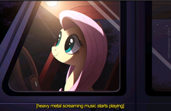 Size: 810x524 | Tagged: safe, artist:ruhje, edit, fluttershy, pegasus, pony, cropped, descriptive noise, female, heavy metal, mare, meme, metal, monsters university, reference, smiling, solo