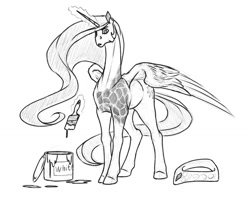 Size: 1300x1037 | Tagged: safe, artist:akweer, princess celestia, alicorn, giraffe, pony, female, long neck, monochrome, paint can, paint on fur, paintbrush, peytral, sketch, solo, traditional art