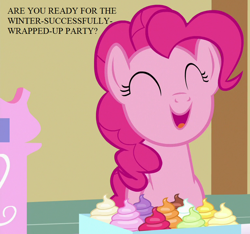 Size: 768x720 | Tagged: safe, edit, edited screencap, screencap, pinkie pie, earth pony, pony, a flurry of emotions, bronybait, cropped, cupcake, cute, diapinkes, food, sugarcube corner, text