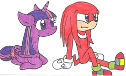 Size: 932x562 | Tagged: safe, artist:cmara, derpibooru import, twilight sparkle, twilight sparkle (alicorn), alicorn, pony, crossover, knuckles the echidna, sonic the hedgehog (series), traditional art