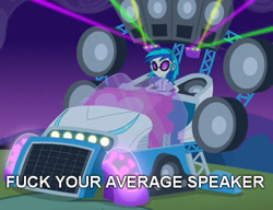 Size: 512x394 | Tagged: safe, edit, edited screencap, screencap, dj pon-3, vinyl scratch, equestria girls, rainbow rocks, bassmobile, image macro, meme, vulgar