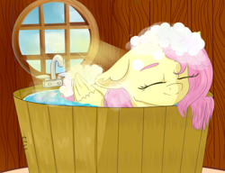 Size: 1024x788 | Tagged: safe, artist:dandelioncharm, fluttershy, pegasus, pony, bath, bubble bath, cute, enjoying, eyes closed, female, floppy ears, folded wings, indoors, mare, shyabetes, smiling, solo, wet mane, window