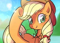 Size: 800x570 | Tagged: safe, artist:haden-2375, applejack, earth pony, pony, cute, female, jackabetes, looking at you, mare, smiling, solo