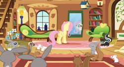 Size: 703x386 | Tagged: safe, screencap, fluttershy, ferret, mouse, pegasus, pony, rabbit, skunk, squirrel, putting your hoof down, season 2, animal, female, fluttershy's cottage, mare, mirror, window