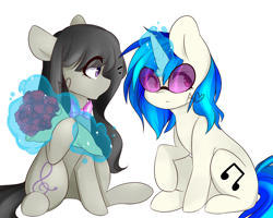 Size: 1024x819 | Tagged: safe, artist:princesstiramichyuu, dj pon-3, octavia melody, vinyl scratch, earth pony, pony, unicorn, bouquet, bowtie, female, flower, lesbian, magic, mare, raised hoof, rose, scratchtavia, shipping, simple background, sunglasses, telekinesis, white background