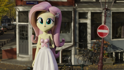 Size: 1920x1080 | Tagged: safe, artist:efk-san, fluttershy, equestria girls, 3d, bicycle, car, clothes, dress, female, lamppost, sign, solo