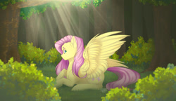 Size: 1024x589 | Tagged: safe, artist:shinizavr, fluttershy, pegasus, pony, bush, crepuscular rays, female, forest, prone, solo, tree