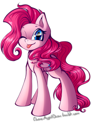 Size: 1000x1362 | Tagged: safe, artist:chaosangeldesu, pinkie pie, earth pony, pony, :p, alternate hairstyle, cute, diapinkes, female, looking at you, mare, one eye closed, simple background, smiling, solo, tongue out, transparent background, wink