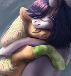 Size: 2800x3000 | Tagged: safe, artist:pessadie, applejack, oc, oc:constance everheart, earth pony, pony, canon x oc, clothes, everjack, eyes closed, female, high res, hug, male, shipping, socks, straight