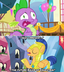 Size: 1272x1440 | Tagged: safe, edit, edited screencap, editor:wild stallions, screencap, flash sentry, spike, dragon, pony, twilight's kingdom, balloon, faic, male, open mouth, ponyville, ponyville town hall, pun, royal guard, ruler, solo, sweat, the future ruler of equestria, wordplay