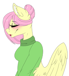 Size: 915x1000 | Tagged: safe, artist:melodytheartpony, fluttershy, anthro, pegasus, clothes, eyes closed, female, hair up, happy, lipstick, simple background, sweater, transparent background