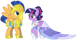 Size: 2045x1062 | Tagged: safe, artist:sonofaskywalker, edit, flash sentry, twilight sparkle, twilight sparkle (alicorn), alicorn, pegasus, pony, the last problem, armor, clothes, coronation, coronation dress, dress, female, flashlight, gown, knight, looking at each other, male, princess, royal guard, royal guard armor, second coronation dress, shipping, simple background, straight, white background