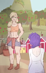 Size: 1700x2717 | Tagged: safe, artist:bubblenote, applejack, rarity, human, abs, applejacked, belly button, female, humanized, lesbian, midriff, muscles, rarijack, shipping