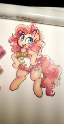 Size: 1079x2094 | Tagged: safe, artist:wickedsilly, pinkie pie, earth pony, pony, semi-anthro, better together, equestria girls, clothes, cute, diapinkes, female, frilled swimsuit, mare, one-piece swimsuit, solo, swimsuit, traditional art