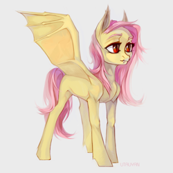 Size: 2082x2076 | Tagged: safe, artist:utauyan, fluttershy, bat pony, pony, fangs, female, flutterbat, mare, race swap, simple background, solo, white background